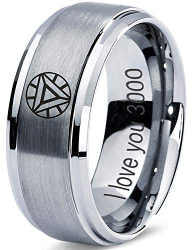 Zealot Jewelry Tungsten Quote I Love You 3000 Engraved Band Ring 8mm Men Women Comfort Fit Gray Step Bevel Edge Brushed Polished Size 8