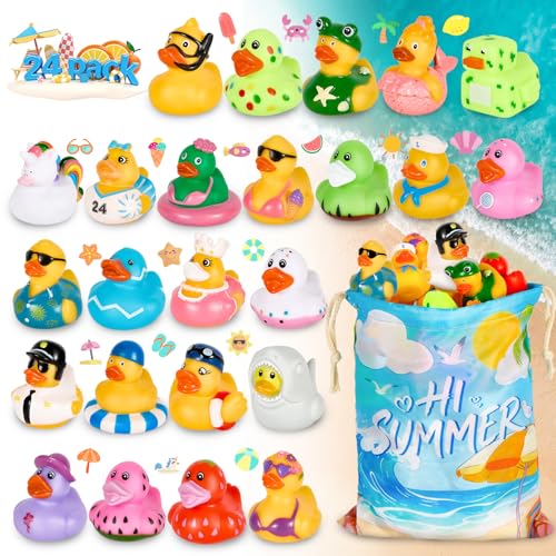 24Pack Summer Rubber Ducks with a Bag Summer Duck for Jeeps Assorted Beach Toys for Pool Duckies Games Party Favors Birthday Gifts Classroom Incentives Baby Kids Swimming Pool Water Bath Toys