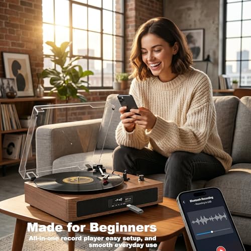 Image of Vintage Vinyl Record Player with Bluetooth & Built-in Speakers, 3-Speed Belt-Drive Turntable with USB Recording, RCA Out & AUX-in, Walnut