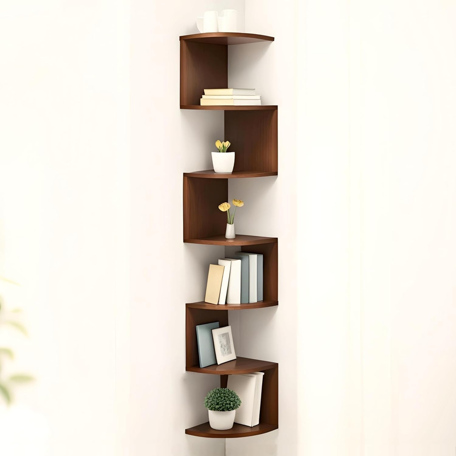 7 Tier Corner Wall Shelf for Living Room, Wooden Floating Corner Shelf, Wall Mounted Display Rack, Engineered Wood Corner Storage Shelf for Bedroom,Kitchen & Bathroom, Brown, 22D x 22W x 132H cm-image-18
