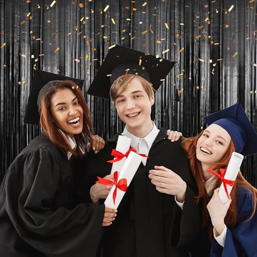 Image of 6 Pack Black Foil Fringe Curtains Streamers Party Decorations 3.3 x 8.2 ft, Black Tinsel Curtain Fringe Backdrop for Parties, Door Fringe Birthday Streamers, Photo Booth Backdrops, Party Decor