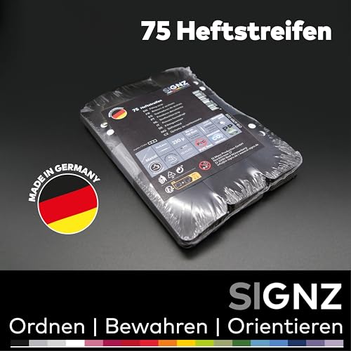 SIGNZ Heftstreifen Kunststoff (PP), 75 Stück, 25 x 3 Farben, recycelbarer Kunststoff (PP), CO2-neutral hergestellt, made in Germany (75 Stück, schwarz, schwarz, schwarz)