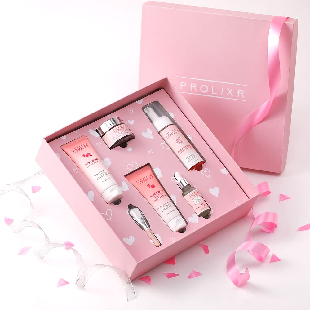 Prolixr Pretty In Pink Valentine Gift Box - Skincare Set | Revitalized, Hydrated, and Glowing Skin | (Sea Algae Clay Mask, Foaming Face Wash, Vitamin C Serum For Face, Face Scrub, Moisturizer)