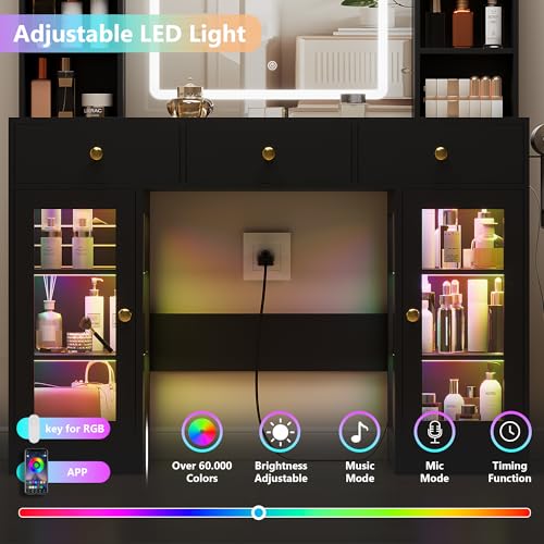 Image of Black Vanity Desk with Mirror and Lights, Glass Top Vanity with Lighted Mirror & RGB Cabinet and 3 Drawers, Dressing Table with 8 Shelves, Makeup Desk with Lights for Girls Bedroom, 3 Color Modes