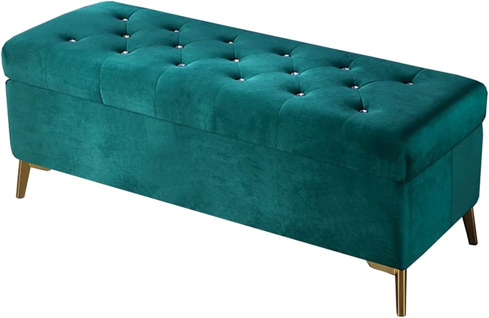 Tabouret de rangement en velours de 60 cm de large avec pieds dorés pour salon