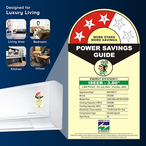 Image of Cruise 1 Ton 3 Star Inverter Split AC with 7-Stage Air Filtration (100% Copper, Auto Convertible, Fast & Efficient Cooling, PM 2.5 Filter, Heavy Outdoor Unit, CWCVBH-VQ1W123, White)