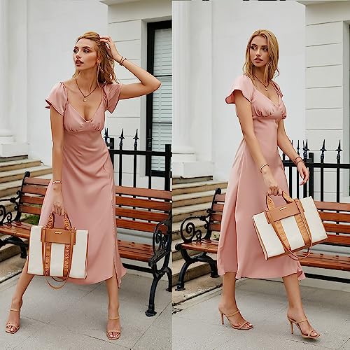 BESMART Elegant Canvas Pu Laptop Tote Bag, Large Capacity Tote Handbags for Women, High-Grade Sense Business Handbag Work Briefcase for white-collar worker commuter, Beige/Brown3