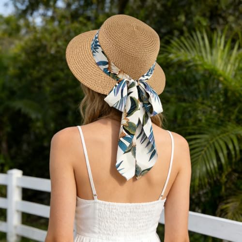 Image of PALAY Straw Hat Sun Hats for Women, Wide Brim Beach Hat for Women Summer with Printed Ribbon, Fashion UV Protection Visor Cap, Packable Travel Hat for Ladies Gift
