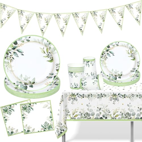 Sage Green Paper Plates Cups And Napkins With Tablecloth & Banner,Baby Shower Plates,Party Tableware For Birthday Decoration Baby Shower Safari Party Supplies