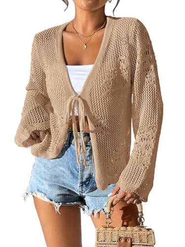 Image of Womens Tie Front Lightweight Crochet Cardigan Shrugs Knit Cardigan Crop Tops Cover Up