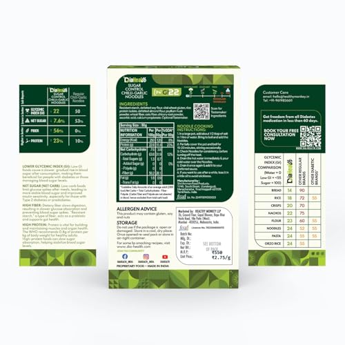 Image of Diahealth Diabetic Care Chilli-Garlic Noodles, 200 Gms, 1 Pack, Low Glycemix Index (22) & High Protein /Serv, Taste Just Like Regular Noodles, Low Carb, Pre-Biotic High Fibre, For Diabetics And Diet