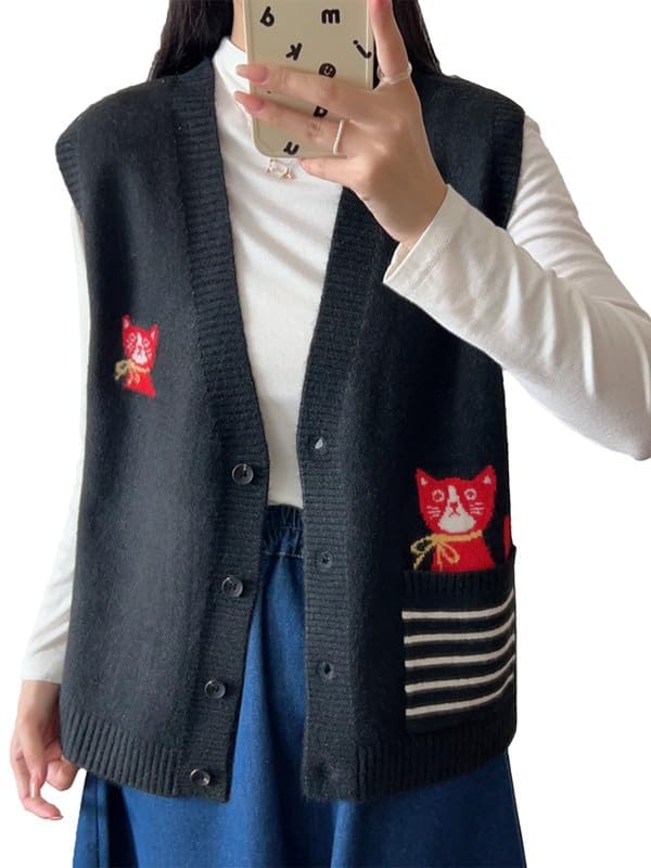 Image of CORIRESHA Girl Cute Cat Rabbit Embroidered Sweater Vest Button Sleeveless Knit Cardigan