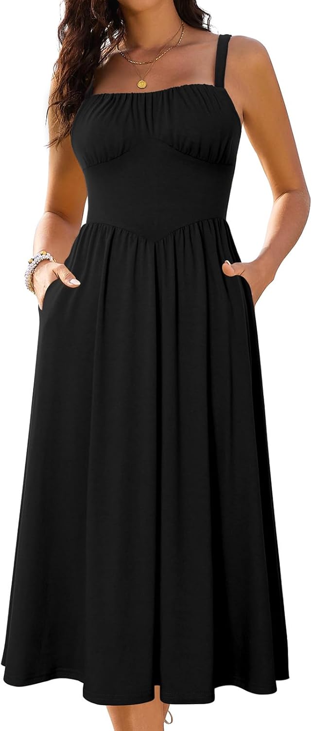 Sureple Long Dresses for Women 2026 Sleeveless Ruched Bust Swing Aline Fitted Spaghetti Strap Sundress with Pockets