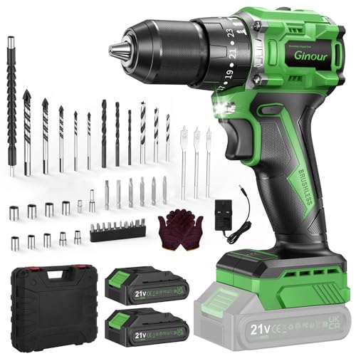 Ginour 21V Brushless Cordless Combi Drill Set, 2x1.5Ah, Hammer Drill 50Nm, compatible with Makita 18V Battery, 23+3 Torque, 2 Speed, 48PCS Electric Screwdriver kit, Impact drill for Masonry Wood Metal