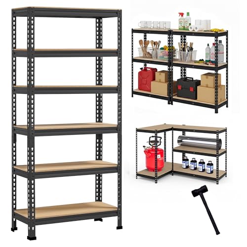 Robustt 6-Tier Multipurpose Storage Rack | Bolt-Free Assembly | Metal Stand with Thick MDF Board | 175kg Capacity Per Shelf | 72x24x12 Inch Adjustable Shelf Rack for Home, Garage & Shop | Black
