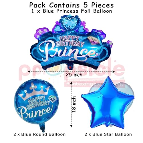 Image of Propsicle Blue Crown Foil Balloon Set of 5 Prince Theme Kids Birthday Decoration Kit, 32 Inch Crown Balloon with 18 Inch Star and Round Balloons Supports Air and Helium Inflation