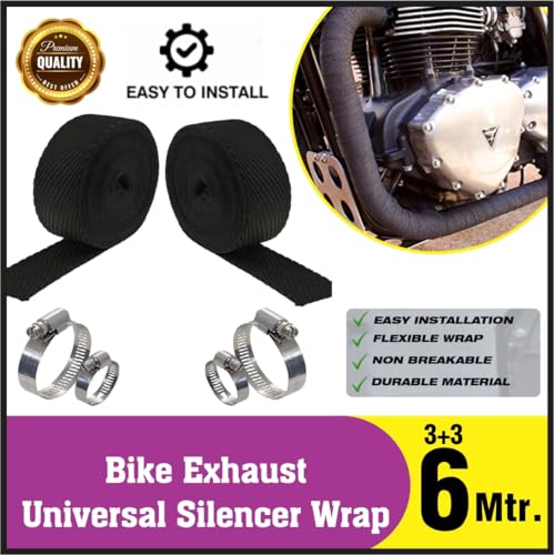 Image of OBEROI'S TRADERS Combo of Universal Silencer Wrap | Bend Pipe Wrap | Bike Exhaust Heat Shield Protector with Clamp Compatible for Royal Enfield Classic, Electra Twinspark, Standard (6 Mtr, Black)