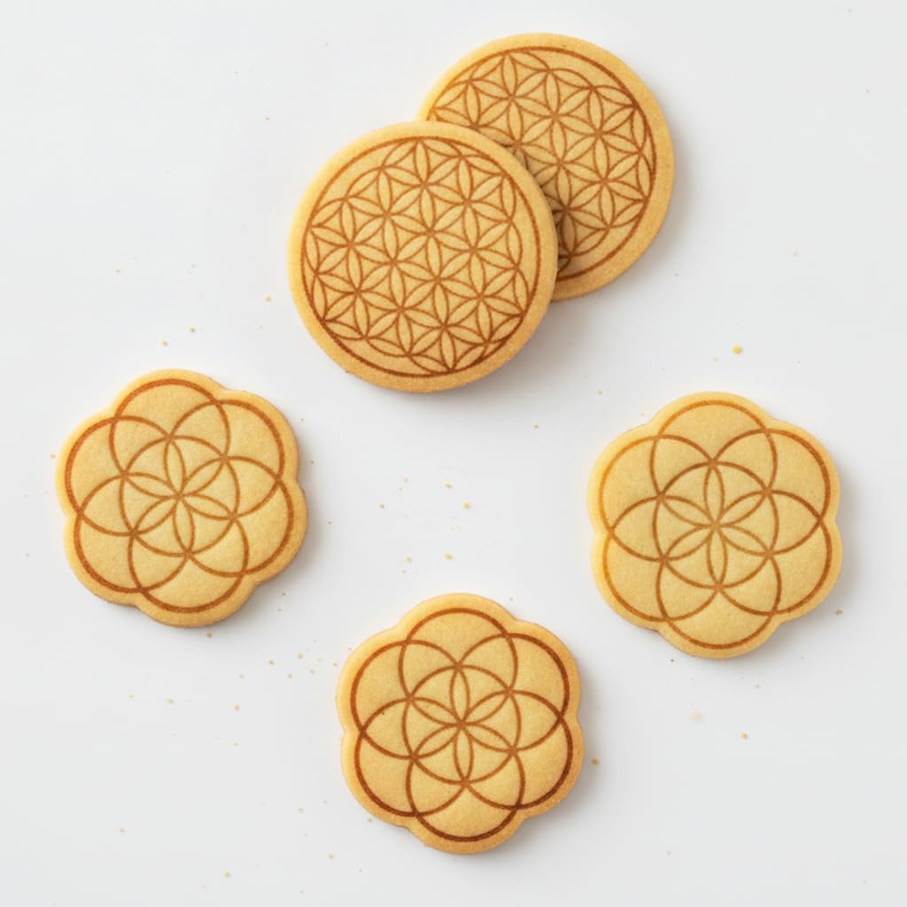 BAKERLOGY Set mit 2 Mini Keksausstecher & Stempel, Blume des Lebens und Saat des Lebens, Heilige Geometrie für Kekse, Fondant und Modelliermasse, Meditations-Thema, Ausstecher Ausstechform
