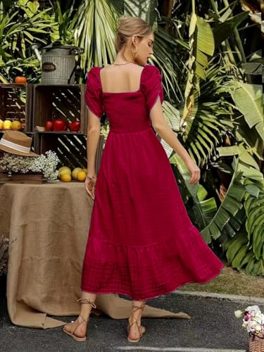 Image of Shreyam Girl's & Women's Solid A-Line Ruched Puff Sleeve Maxi Long Evening One Piece Long Dress for Women Stylish