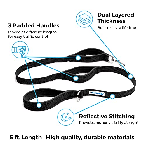Shed Defender 5 Ft. Standard Dog Leash - Three Padded Traffic Handles, Designed In The Usa, Dual Layered Thickness Heavy Duty, Reflective Stitching, Large Dogs & Small Breed, Training Lead (Black) #TOP3