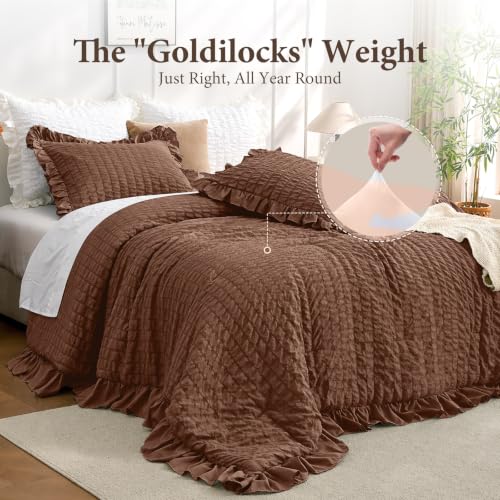 Image of JOLLYVOGUE Dark Brown Queen Comforter Set,3pcs Ruffle Seersucker Bed Set | OEKO-TEX Certified, All Season, Down Alternative Fill, Lightweight Bedding Set with Ruffle Comforter & Pillowshams, Easy Care