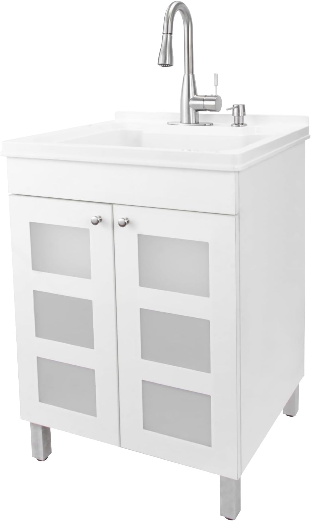 Tehila White Utility Sink in White Vanity Cabinet, Stainless Pull-down Faucet