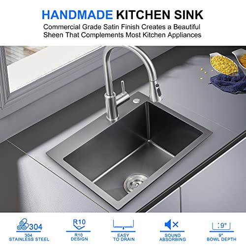 Popfly 25-Inch Drop In Kitchen Sink, Single Bowl 18 Gauge Stainless Steel Sink, Handmade Kitchen Sink, Bar Sink Or Workstation Sink, Black #TOP1