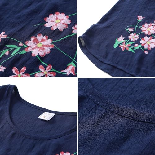 Image of FindThy Women's 2 Piece Linen Outfits Short Sleeve Floral Print Lounge Sets Crewneck Summer Suits
