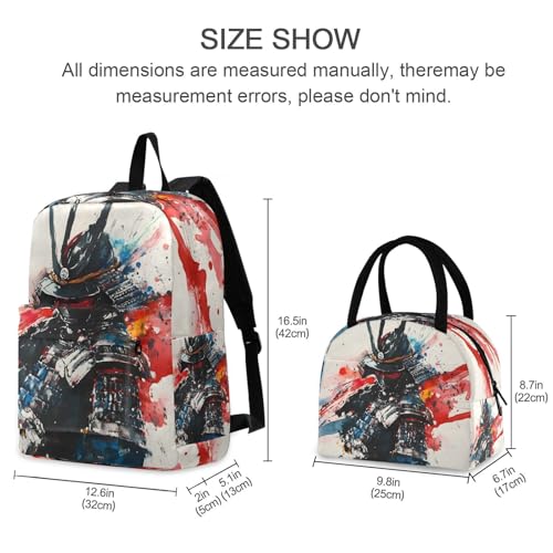 Backpack Lunch Bag Set Cool Samurai Print, Big Storage Travel Backpacks with Insulated Lunch Box for Office Hiking Picnic2