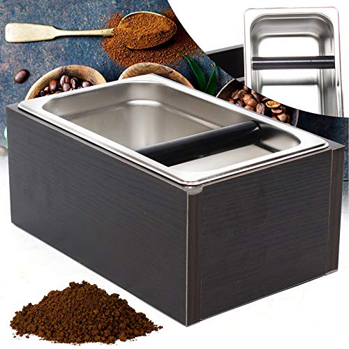 Commercial Coffee Knock Box 3L Stainless Steel UK, Removable 0.79gal Grounds Bin Rubber Damped Bar, Composite Wood Base Cafe Style Waste Bin