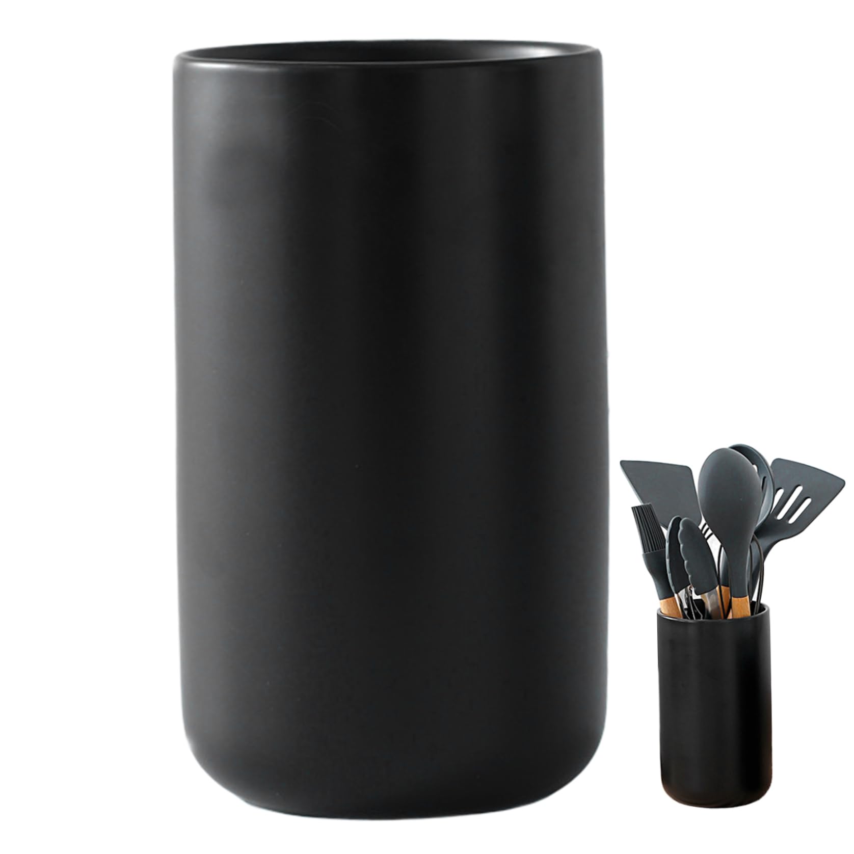 Gcroet Kitchen Utensil Holder 6.9'' Stable Cooking Utensil Holder Farmhouse Ceramic Minimalist Matte Black Kitchen Storage Organizer for Countertops