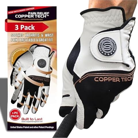 Copper Tech Men's Golf Gloves Best Value(3 Pack) - Crafted with 100% AAA Synthetic Leather - Advanced Copper Compression Golf Glove for Optimal Wrist and Joint Support - Golf Gloves Men Cover