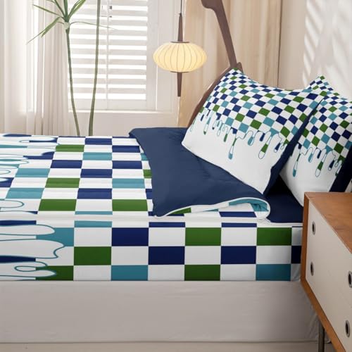Image of Blue Green Checkered Zipper Bedding Twin - 4 Piece Zip Up Comforter Set with Fitted Sheet & Pillowcases,Soft Bed-in-a-Bag Set for Bunk Beds & Rvs,Checkerboard Drip Indie Aesthetic Funky Geometric