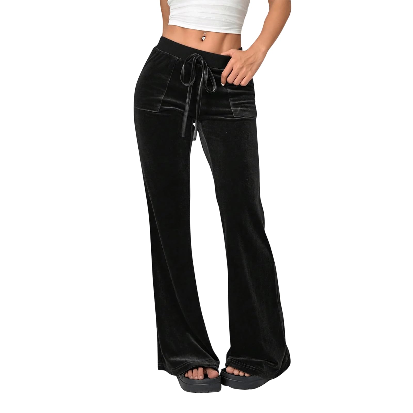 Womens High Waisted Velvet Flare Pants Elastic Waist Soft Stretch Velvet Trousers with Pockets Casual Party Wide Leg
