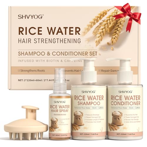 Set de Champú y Acondicionador de Agua de Arroz, Enriquecido con Biotina y Cafeína, Para el Crecimiento del Cabello, Anticaída, Reparador del Cabello Dañado, Ideal Hombres Mujeres, 220ml*2+60ml