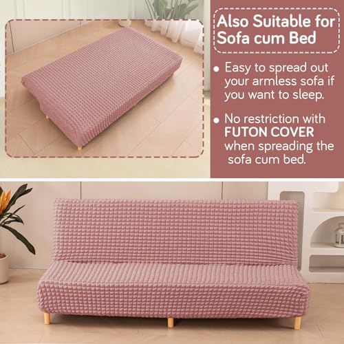 Image of HOKIPO 280 GSM Armless Sofa Cover for Sofa Cum Bed, Stretchable Elastic Futon Slipcover - 'Aria Nova' Large, Tea Rose Pink (AR-6703-PNK)