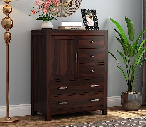 Image of Solid Sheesham Wood Wooden Sideboard Storage Cabinet & Chest of Drawer : Ideal for Living Room and Bedroom with 5 Drawers and 1-Shelf Storage (Avalon, Walnut Finish)