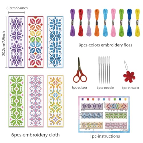 Image of INFUNLY 6PCS Flower Cross Stitch Bookmark Kit for Beginners 8.66 inchx3.15 inch Boho Plaid Flowers Embroidery Bookmark Kits Geometric Pattern Cross Stitch Kit with Instruction for Book Lovers Reader Writers