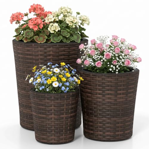GIANTEX Set of 3 Plastic Planters, 14 & 11 & 9 Inch Taper Rattan Planters with Drainage Holes and Saucers, Indoor Outdoor Flower Pots for Porch, Garden, Front Door, Balcony Decoration, Brown