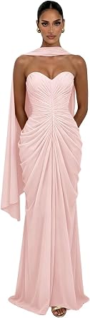 Strapless Chiffon Bridesmaid Dress with Scarf Pleated Prom Evening Formal Gown for Wedding