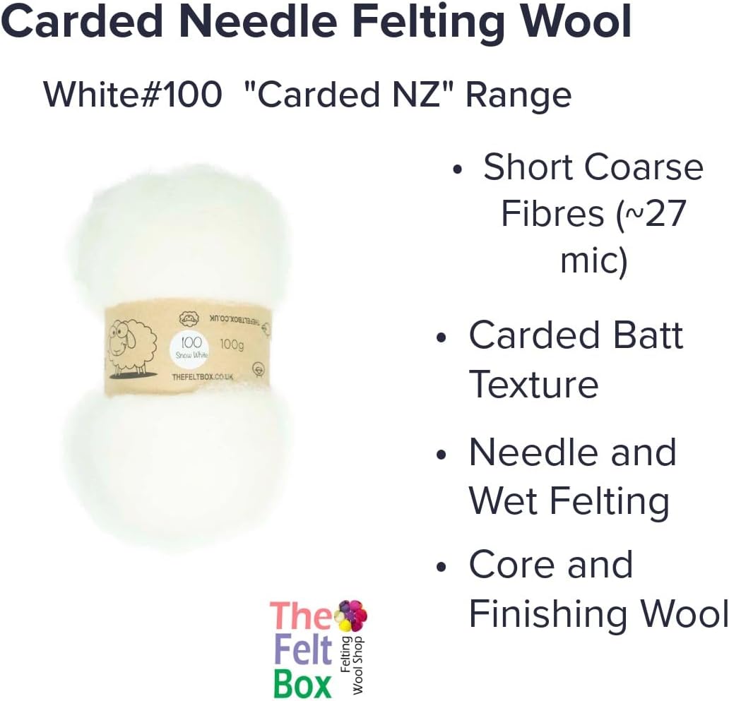 White #100 Felting Wool – 100g Carded Batt, Short Coarse Fiber Roving – Core or Finish Wool for Needle Felting & Crafts