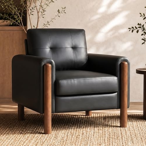 Image of STHOUYN 35 inch Black Leather Oversized Accent Chair with Wood Armrests, Mid-Century Modern Tufted Living Room Chair, Comfy Reading Sofa Chair with Lumbar Support & Thick Cushion Waiting Room Office