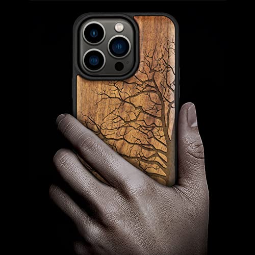 Carveit Magnetic Wood Case For Iphone 14 Pro Case [Natural Wood & Black Soft Tpu] Shockproof Protective Cover Unique & Classy Wooden Case Compatible With Magsafe (Eternal Tree -Walnut) #TOP1
