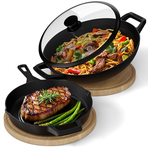 KAISERTAL® 32cm Gusseisen Wok & 30cm Gusseisenpfanne Set - Pfannen für Fleisch, Gemüse & Fisch - voreingebrannte Gusspfannen sind Backofen- & Induktionsgeeignet