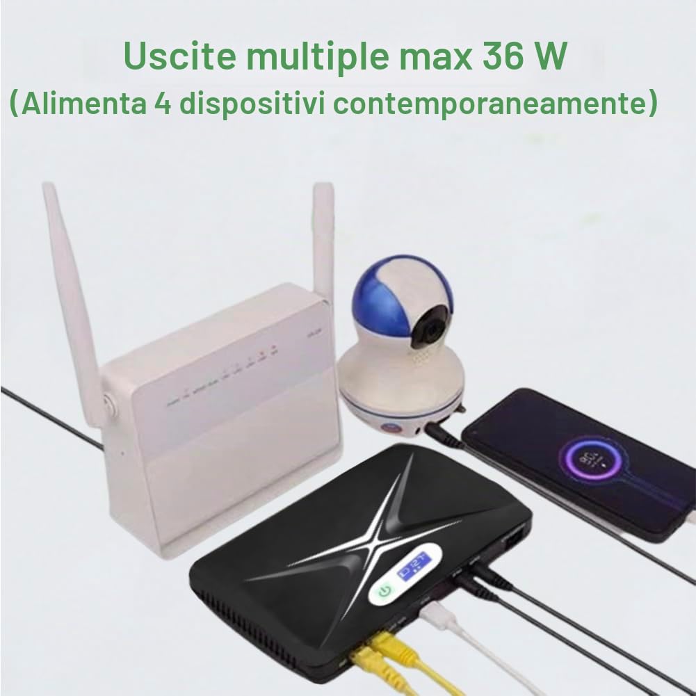 Mini UPS Batteria di Backup per Router con POE | 10400mAh, Uscita USB 5V/2A, DC 5V/9V/12V 2A, Per Modem, Telecamere di Sicurezza, Smartphone