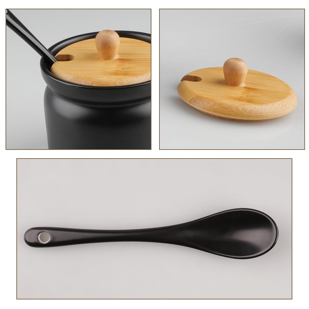 Keramik Zuckerdose Schwarz Bambusdeckel mit Löffel 180 ml 6.8 x 8cm | Luftdichte Keramik Zuckerdose mit Bambusdeckel & Löffel, platzsparend, für Zucker Salz Gewürze Küche