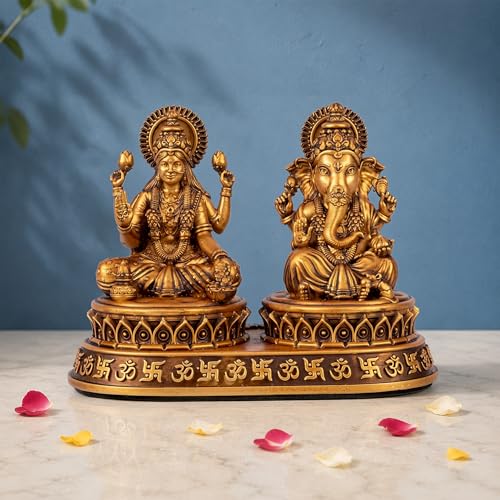 Image of Laxmi Ganesh Idol for Home Temple & Office Spiritual Polyresin Dhan Sidhi Lakshmi Ganesh Murti for Pooja Diwali Gift Symbol of Wealth Wisdom & Handcrafted Golden Finish Statue
