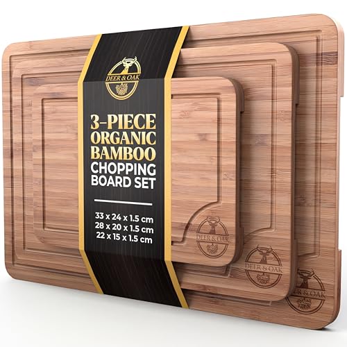 Deer & Oak 3-Piece Bamboo Chopping Board Set, Pre-Oiled Wooden Cutting Chopping Boards for Kitchens 33x24cm, 28x20cm, 22x15cm, with Side Handle and Grooves