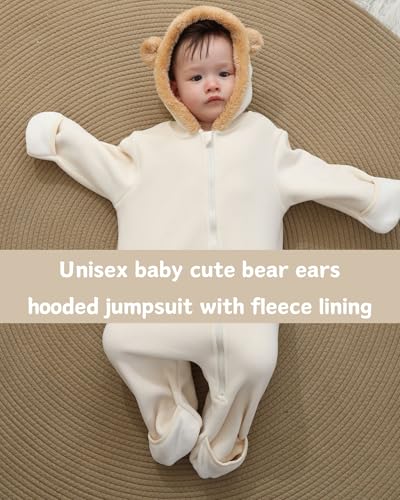 Baby Jumpsuit with Cute Bear Hoodie Warm Fleece Lined Newborn Snowsuit Rompers for Fall Winter 0-18 Month4