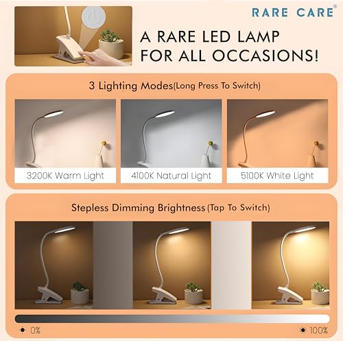 Image of RARECARE Table Lamp for Study Room with Clamp | Study Lamp with 3 Light Modes | 1 Year Warranty | Lamp Light for Study | Rechargeable Led Light with Big Battery - 1200 mAh